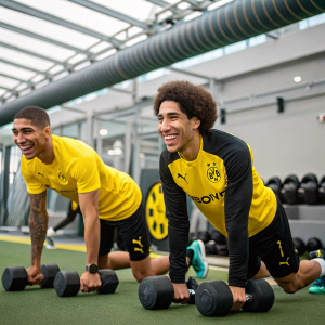 Achraf Hakimi and Axel Witsel, Borussia Dortmund players, smiling during a gym workout session in an indoor sports facility.