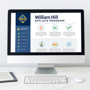 Modern webpage showcasing William Hill Affiliate Program. Clean, user-friendly interface. Icons and bullet points highlight key benefits. Clear, concise text.