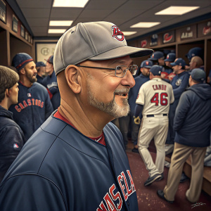 Terry Francona, bearded and calm, in a gray baseball cap and navy blue jersey. Surrounded by players and coaches in a bustling locker room.
