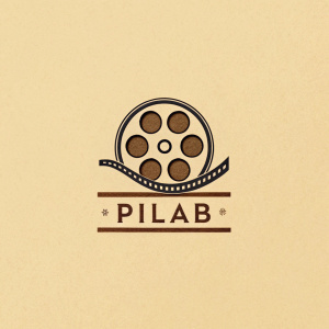 Minimalist logo for Pilab Film Lab. Design includes a sleek film reel icon. Below is the text 'Pilab' in modern sans-serif font. Warm beige and brown color scheme.