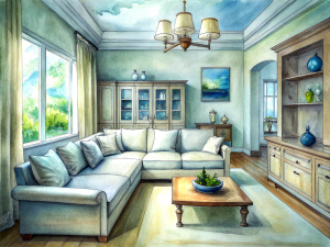 a sketch of a beautiful living room in pencil, (((artists impression, artistic impression, higher detailed illustration, an illustration, detailed illustration, artist's impression))), a kitchen cabinet behind the white sofa, with minimal pictures on the wall, linen curtain next to the classroom window, coffee table, modern wood, ceiling with magnetic emissive lighting