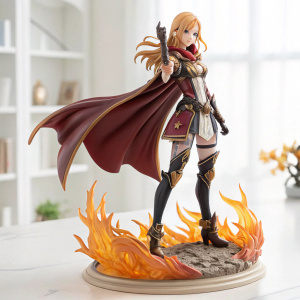 A detailed action figure of Aliza from Granblue Fantasy. The character stands on a flame-themed base in a dramatic pose. The figure is displayed in a well-lit room with minimalistic background.