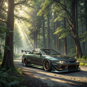 A sleek, modified Nissan Silvia S15 parked amidst a dense forest. The car sports a VolteX racing spoiler. Sunlight peeks through the canopy, casting dappled shadows on the gravel surface.