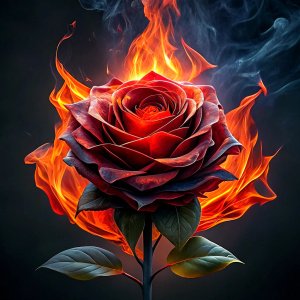dark red rose in flames photo, black background
