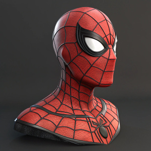 Digital 3D render of Spider-Man's face mask. Red and black web-like pattern. Unique design with distinctive visage shape. Dark gray background.