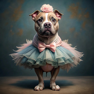 pitbull con traje de bailarina, con un moño en la cabeza, estilo fotografía realista