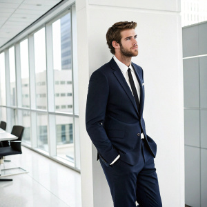 Liam Hemsworth, standing solo in a modern office space, wearing a navy suit with a crisp white shirt and black tie. His confident demeanor captured against a clean white backdrop.