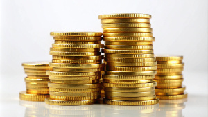 create a high quality a stack of shiny coins on white background