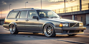 volvo 740, station wagon,  race car, oversized wheels, very detailed rims, lowered, wide body kit, cinematic background