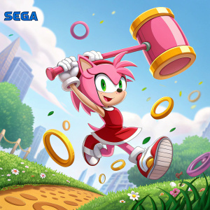 Amy Rose, iconic character from Sonic games, in a dynamic mid-jump pose. Bright, colorful background filled with SEGA logos and game elements.