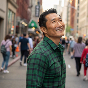 Daniel Dae Kim, smiling warmly in a green plaid shirt, standing alone in a bustling urban street scene.