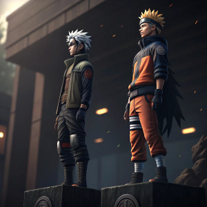 Realistic illustration of Naruto characters standing on dark platforms. Highly detailed artwork