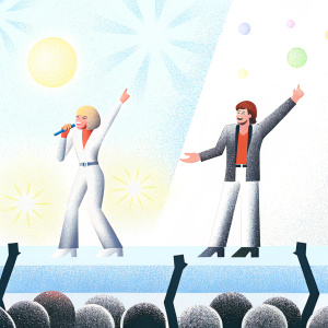 Miley Cyrus and Billy Crystal performing on a vibrant stage. Audience cheering.