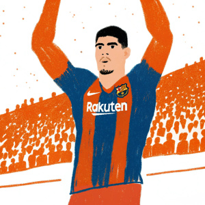 Ronald Araujo, FC Barcelona player, wearing blue and red jersey with 'Rakuten' logo. Poses for a solo shot during match day. Crowd blurry in background