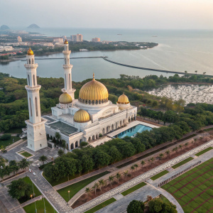 Aerial view of the Sultan Qaboos Grand Mosque in Muscat, Oman. Golden domes and white minarets