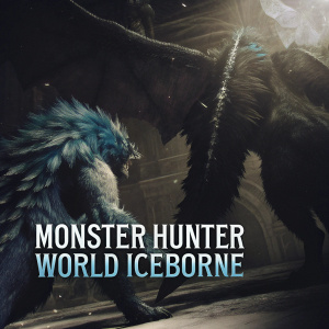 Imposing illustration for Monster Hunter World: Iceborne, featuring two colossal monsters locked in combat. Their bodies, a stunning mix of azure and shadow, contrast against the frosty, luminescent backdrop. Title 'Monster Hunter World: Iceborne' glows at the foot of the artwork.