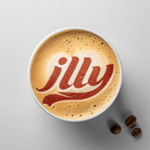 High-resolution image showcasing the Illy Coffee logo. It's displayed on a plain grey backdrop. The logo features the flowing 'illy' text and trademark symbol.