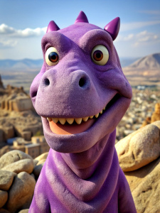 flintstones character, purple dino mascot, stone city background, (cover: 1.5), 8k, UHD, HDR, ((high quality)), close up



