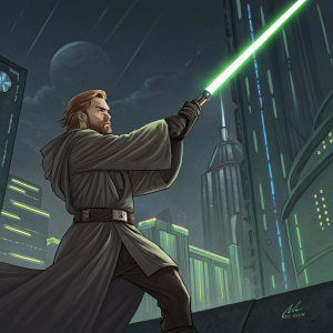 Digital illustration of Obi-Wan Kenobi. Wields glowing green lightsaber in dynamic pose. Futuristic backdrop, detailed and dynamic style, focusing on light and shadow play. Artist's signature visible, dark color palette with prominent green glow.