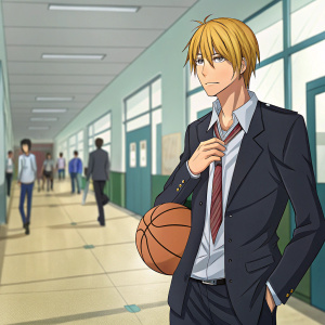 Kise Ryouta, a character from Kuroko's Basketball. Standing confidently, adjusting his school uniform tie while holding a basketball. Background is a bustling school hallway.