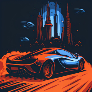 A McLaren P1 in metallic silver and matte black, racing through a futuristic cityscape. Digital render.