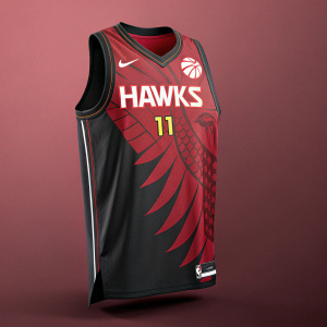 The Atlanta Hawks' new jersey: A striking red and black uniform with a sleek, modern design. The jersey features a stylized eagle graphic on the chest and prominently displays 'Hawks' across the chest. The number '11' is showcased in bold font on the back. The Nike NBA logo is subtly integrated on the sleeve.