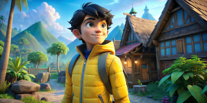 Un joven, pelo negro, ojos azules, campera amarilla, mochila negra, pantalón largo blanco, llegando al pueblo cerca de la selva. Disney Pixar 3d