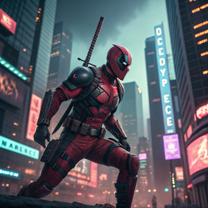 High-resolution 3D render of Deadpool in a fierce fighting stance. The scene is set in a futuristic, neon-lit cityscape. The figure is highly detailed, showcasing intricate design elements.