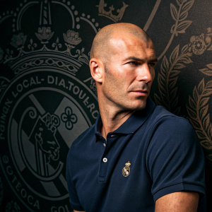 Close-up of Zinedine Zidane. Bald head, polo shirt, against a backdrop of royal insignia. Dark, detailed background