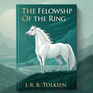 Digital illustration for book cover of 'The Fellowship of the Ring' by J.R.R. Tolkien. Teal-green background, featuring a majestic white horse in the foreground.