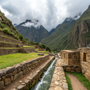 A panoramic view of ancient Incan ruins in Ollantaytambo, Peru. Stone water channel with clear water flowing through, set amidst lush greenery and towering mountains hidden behind clouds.