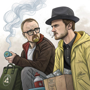 Hand-drawn illustration of Walter White and Jesse Pinkman from Breaking Bad. Smoking scene with props like hats, bags, and glasses