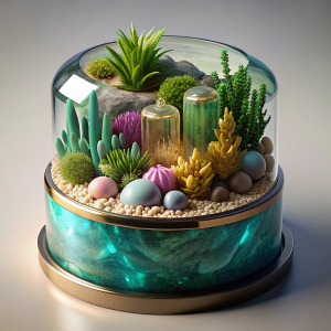 3D Render of a Resin Terrarium with Miniature Plants, on isolated white background