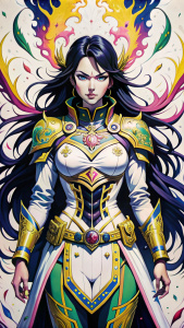 Yoshitaka Amano ~ Gris Grimly ~ Masamune Shirow ~ Tomer Hanuka ~ H.R Giger ~ Junji Ito ~ ultra detailed gorgeous, white knight, she wears armor, long wavy black hair. detailed ornate white ruby armor, her fierce stance magic energy flowing from her hands, in a dungeon. This contrast between the fantastical character and the more bold color scheme and elements gives the piece an intriguing narrative quality. painted realism, photorealistic, 8k, fantasy digital art, HDR, UHD