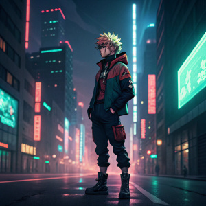 Katsuki Bakugo, character from My Hero Academia, standing alone in the center of a digital art piece. Cyberpunk cityscape with neon lights in the background.