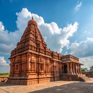 Ancient Sangameshwara Temple in vibrant Karnataka, India. The crimson-hued monument, intricately carved with detailed motifs, rises majestically. Stone layers stacked to form a towering structure with a grand spire against a bright blue sky.