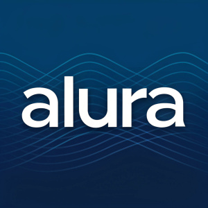 Digital design of 'ALURA' in sleek, modern sans-serif font. The white letters stand out against a deep blue backdrop, creating a striking and memorable logo.