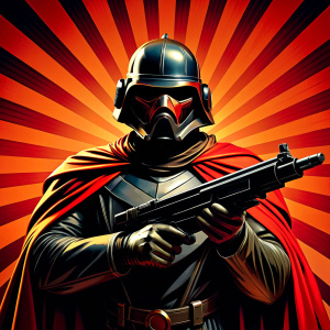 Black and red Knight General wielding gun propaganda 