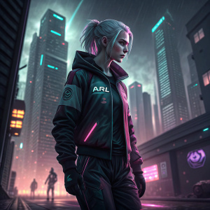 Digital render of a character, pale skin, athletic attire with 'ARL' logo, dark cyberpunk setting
