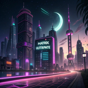 Futuristic cyberpunk cityscape at night. Neon lights and high-tech architecture. The Matrix logo 'ULTRAPATE' in bold neon font. Dark background with a crescent moon and a complex grid pattern.
