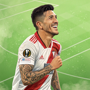 Digital art design for Kampion soccer card game. Main image showcases soccer player Lucho González with a tattooed arm and a smile. Set against a vibrant green soccer field background.
