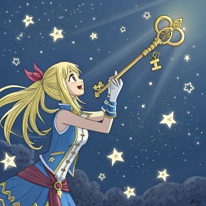 Digital art piece featuring Lucy Heartfillia from Fairy Tail. Wields celestial keys, surrounded by starry night sky.
