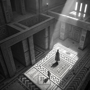Detailed digital art of grayscale multi-level complex. Assassin's Creed Origins. Intricate maze-like structure with geometric walls and patterned floor. Dim lighting, shadowed areas, and beams of light casting shadows. Small character included.