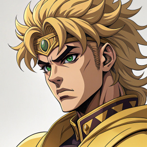 Close-up of Dio from JoJo's Bizarre Adventure. Intense expression, elaborate hairstyle, iconic look