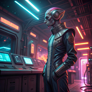 Mordin Solus, a salarian scientist, standing alone in a futuristic lab. Wearing a sleek, metallic suit. Bright, neon lights illuminate the background.