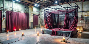 sotano industrial abandonado con una cama en el centro con sabanas vinotinto rodeada de cortinas y velos negros y velas, cuerdas y bamboo colgando