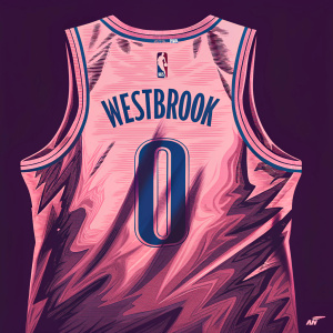High-resolution image of Russell Westbrook's Oklahoma City Thunder jersey. Predominantly white with blue and orange highlights. Featuring Nike and NBA logos. Name 'Westbrook' on back in bold letters. Against stark white background.