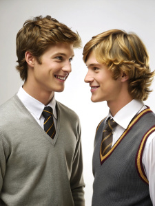 two cute slender muscled high school guys with shirt wavy hair in Hogwarts uniform smiling and looking each other in the eye