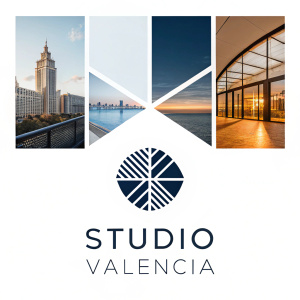 Studio Valencia's abstract logo with collage of brand elements. Clean, modern design on white background