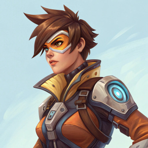 Tracer from Overwatch, intense expression, detailed armor, soft light blue background, close-up